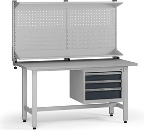 Výškovo nastaviteľný dielenský stôl G5 s nadstavbou, 1500 x 750 x 800-1000 mm, 1x kontajner, 3 zásuvky, grafit