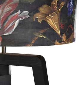 Stojaca lampa trojnožka čierna s tienidlom s kvetinovým vzorom 50 cm - Puros
