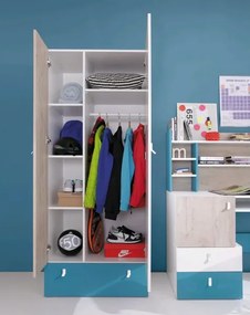 Šatníková skriňa Planet, dub/biela/modrá