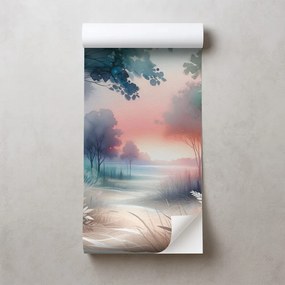 Samolepiaca tapeta pastelová lesná krajina pri západe slnka