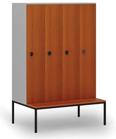 Drevená šatníková skrinka S4 s lavičkou, 4 oddiely, 1871 x 1200 x 500/800 mm, demont, kódový zámok, sivá/čerešňa