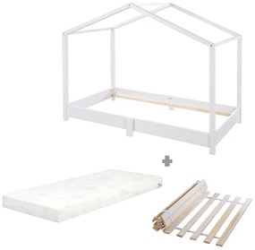 Biela domčeková detská posteľ z masívneho dreva s matracom/s roštom 70x140 cm – Roba