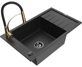 Mexen Elias, 1-komorový granitový drez 795x480x200 mm a drezová batéria Aster, čierna-strieborná metalíza, 6511-73-73450-57-B