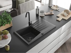 Mexen Cesar, granitový drez 775x470x190 mm, 1-komorový, čierna škvrnitá s čiernym sifónom, 6514771010-76-B