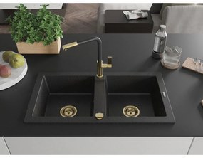 Mexen Mario, 2-komorový granitový drez 820x436x161 mm a drezová batéria Flora, čierna-strieborná metalíza, 6504-73-670401-57-G