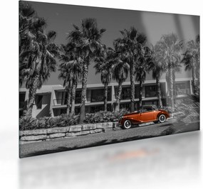 Sklenený obraz - Retro červené auto (70x50 cm)