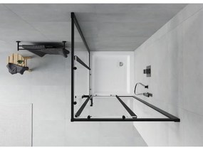 Mexen Rio, štvorcový sprchovací kút s posuvnými dverami 80 x 80 cm, 6mm číre sklo, čierny profil + biela vysoká sprchová vanička Rio, 860-080-080-70-00-4510