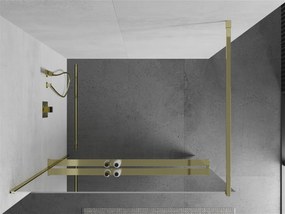 Mexen Kioto+, sprchová zástena s poličkou a držiakom na uteráky 90 x 200 cm, 8mm sklo vzor zrkadlo, zlatý profil, 800-090-121-50-50