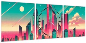 Obraz – Veľkomesto v pop-art štýle (s hodinami) (90x30 cm)