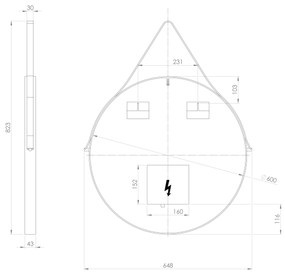 Sapho, ORBITER guľaté zrkadlo s LED osvetlením, kožený popruh, ø 60cm, čierna mat, ORL060