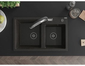 Mexen Tomas, 2-komorový granitový drez 800x500x190 mm  a kuchynská batéria Duo, čierna-zlatá metalíza, 6516-75-671701-07-B