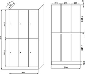 Šatníková skrinka S1 s úložnými boxmi, 6 boxov, 1850 x 900 x 500 mm, cylindrický zámok, laminované dvere, orech
