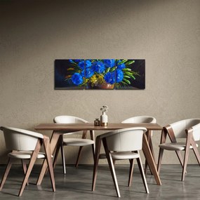 Obraz modrých kvetov vo váze (s hodinami) (90x30 cm)