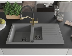 Mexen Matias, 1,5-komorový granitový drez 900x505x200 mm a drezová batéria Duo, šedá, 6502-71-671701-57-B