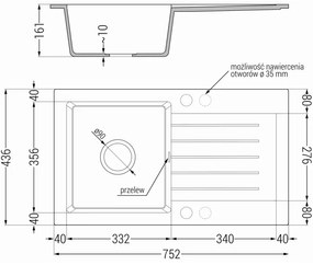 Mexen Pablo, granitový drez 752x436x161 mm, 1-komorový a čierna batéria Telma, šedá, 6510-71-670200-70-B