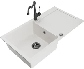 Mexen Leo, 1-komorový granitový drez 900x500x190 mm a drezová batéria Carla, biela, 6501-20-670700-70
