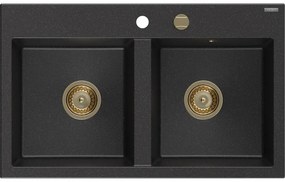 Mexen Hektor, 2-komorový granitový drez 800x480x205 mm, čierna-strieborná metalíza, zlatý sifón, 6521802000-73-G
