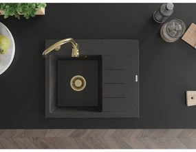 Mexen Ben, 1-komorový granitový drez 600x500x190 mm, ľavý + zlatý sifón, čierna škvrnitá, 6522605000-76-G