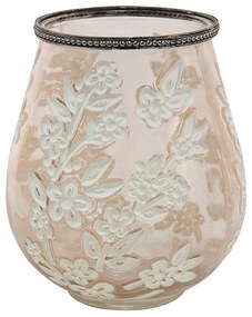 Béžovo-hnedý sklenený svietnik na čajovú sviečku s kvetmi Teane - Ø 10*9 cm