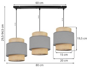 Závesné svietidlo BOHO, 3x jutové/sivé textilné tienidlo