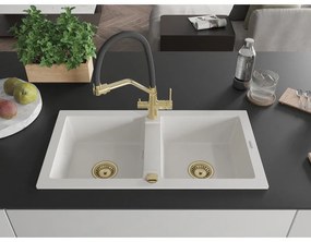 Mexen Mario, granitový drez 820x436x161 mm, 2-komorový a drezová batéria Duo, biela, 6504-20-671701-57-G