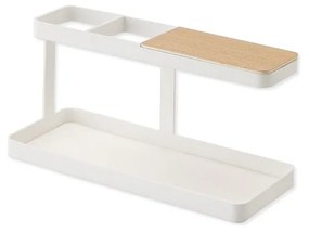 Biely multifunkčný stojan s detailom z bukového dreva YAMAZAKI Tower Desk Bar