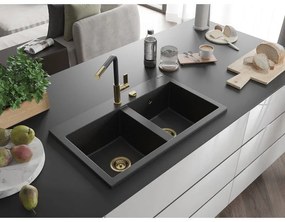 Mexen Hektor, 2-komorový granitový drez 800x480x205 mm, čierna-strieborná metalíza, zlatý sifón, 6521802000-73-G