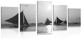 5-dielny obraz nádherný západ slnka na mori v čiernobielom prevedení - 200x100