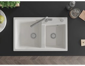 Mexen Tomas, 2-komorový granitový drez 800x500x190 mm a drezová batéria Flora, biela, 6516-20-670401-06