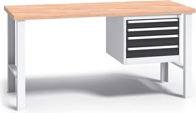 Pracovný stôl do dielne G3 so závesným boxom na náradie, buková škárovka, 4 zásuvky, pevné kovové nohy, 1500 mm, grafit