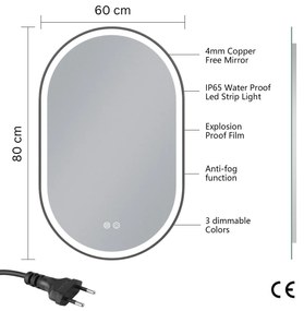 Erga Gwen, oválne LED zrkadlo 60x80cm v čiernom kovovom ráme, 3 farby svetla, predné osvetlenie, vyhrievacia podložka proti zapareniu, ERG-V01-GWEN-6080-BK