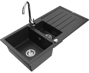 Mexen Andres 1,5-komorový granitový kuchynský drez s odkvapkávačom 100x50 cm a kuchynská batéria Telma, čierna-strieborná, 6515-73-670200-00