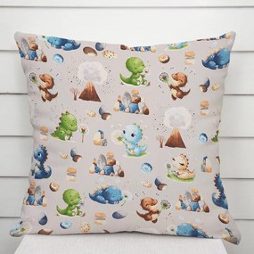 Biante Detská bavlnená obliečka na vankúš Sandra SA-656 Modro-zeleno-hnedé dinosaury na svetlo sivom 50 x 70 cm