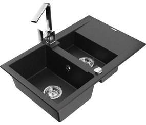 Mexen Gaspar, granitový drez 737x475x177 mm, 1,5-komorový a chrómová batéria Rita, čierna-strieborná metalíza, 6507-73-670300-00