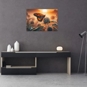 Sklenený obraz – Motýľ v zapadajúcom slnku (70x50 cm)
