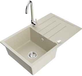 Mexen Bruno, 1-komorový granitový drez s odkvapkávačom 795x495x200 mm a chrómová kuchynská batéria Telma, béžová, 6513-69-670200-00