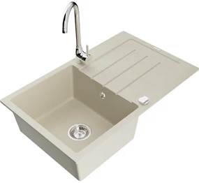 Mexen Bruno, 1-komorový granitový drez s odkvapkávačom 795x495x200 mm a chrómová kuchynská batéria Telma, béžová, 6513-69-670200-00
