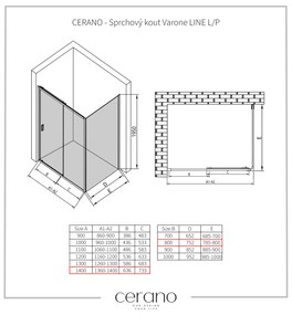 CERANO - Sprchovací kút Varone LINE L/P - čierna matná, transparentné sklo - 140x80 cm - posuvný, CER-CER-DY505B-90113