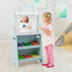 Detský drevený obchod so slnečnou strieškou a úložnými priehradkami a reklamným nápisom a zeleninou Modrá