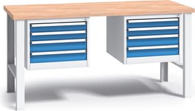 Pracovný stôl do dielne G3 s 2 závesnými boxami na náradie, buková škárovka, 8 zásuviek, pevné kovové nohy, 1700 mm, modrá