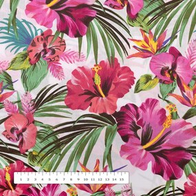 Biante Bavlnený behúň na stôl Sandra SA-555 Ružovo-červené havajské kvety na bielom 35x160 cm