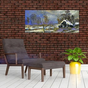 Obraz chalúpky v zimnej krajine, olejomaľba (120x50 cm)