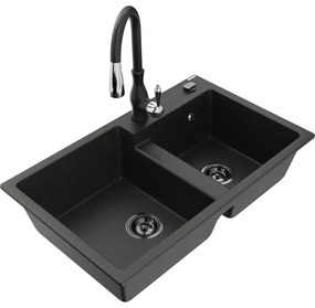 Mexen Tomas, granitový drez 800x500x190 mm, 2-komorový a drezová batéria Savita, čierna-zlatá metalíza, 6516-75-672601-70-B