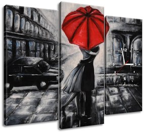 Gario Obraz s hodinami Červený bozk v daždi - 3 dielny Rozmery: 90 x 70 cm