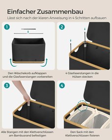 koš na prádlo s viečkom – 3 priehradkový zberný kôš na oblečenie, s objemom 150 l v čiernej farbe