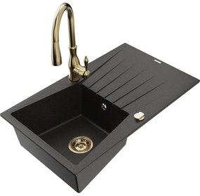 Mexen Cesar, 1-komorový granitový drez 775x470x190 mm a drezová batéria Savita, čierna-zlatá metalíza, 6514-75-672601-50
