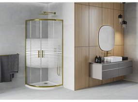 Mexen Rio, štvrťkruhový sprchovací kút s posuvnými dverami 90(dvere) x 90(dvere) x 190 cm, 6mm číre sklo s pásikmi, zlatý profil + biela sprchová vanička SLIM, 863-090-090-50-20-4110G