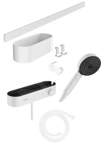 Hansgrohe WallStoris, Set sprchovej hlavice 105, 3 prúdy, termostatu a kúpeľňových doplnkov, matná biela, HAN-24250700