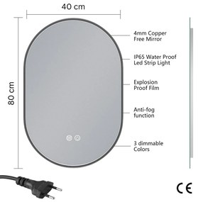 Erga Freya, oválne LED zrkadlo 40x80cm v čiernom kovovom ráme, 3 farby svetla, zadné osvetlenie, vyhrievacia podložka proti zapareniu, ERG-V01-FREYA-4080-BK