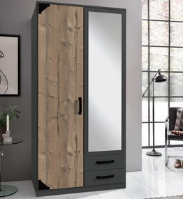 Šatníková skriňa so zrkadlom Bochum, 90 cm, grafit/jedľa